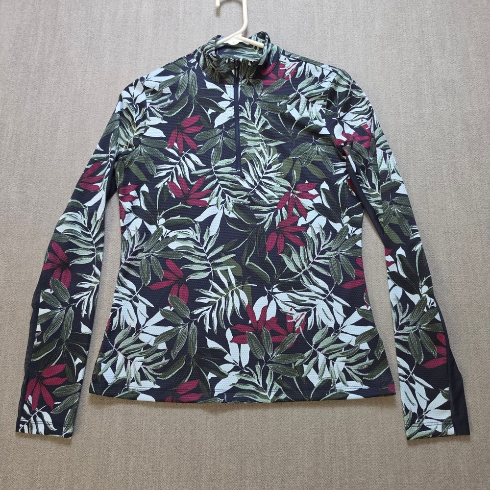 Tommy Bahama Pullover Women Small Navy Green Tropical Leaf Active Quarter Zip
